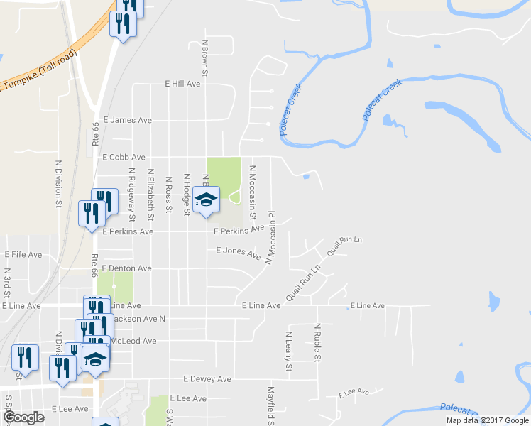 map of restaurants, bars, coffee shops, grocery stores, and more near 716 North Moccasin Place in Sapulpa