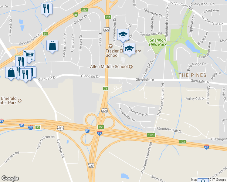 map of restaurants, bars, coffee shops, grocery stores, and more near 1147 Glendale Drive in Greensboro