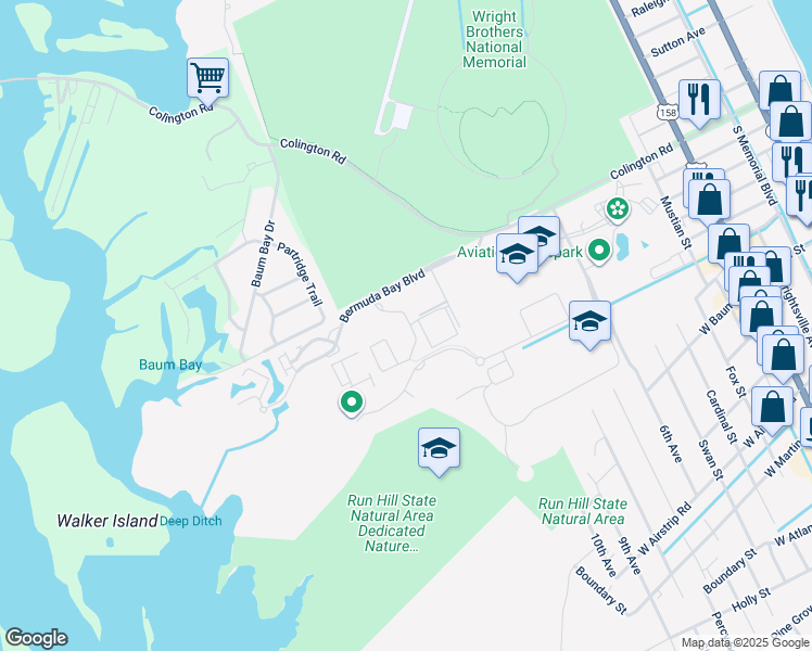 map of restaurants, bars, coffee shops, grocery stores, and more near 1105 Cambridge Road in Kill Devil Hills