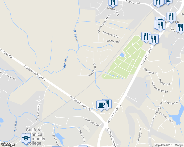 map of restaurants, bars, coffee shops, grocery stores, and more near 3871 Hunt Chase Drive in Greensboro