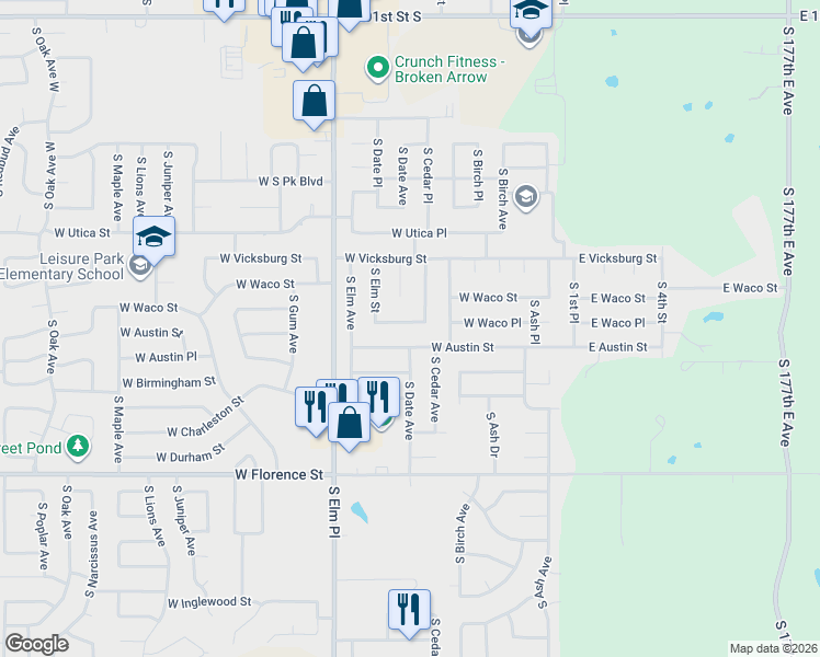 map of restaurants, bars, coffee shops, grocery stores, and more near 325 West Waco Place in Broken Arrow