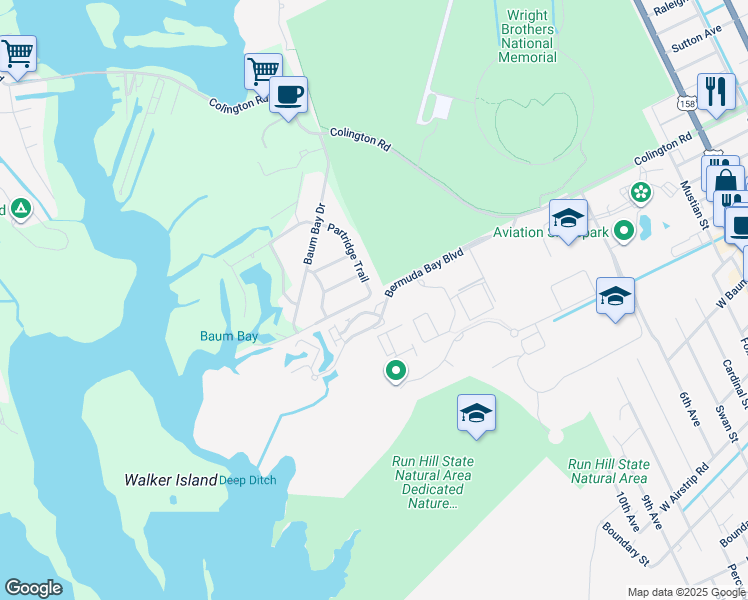 map of restaurants, bars, coffee shops, grocery stores, and more near 1205 Argus Road in Kill Devil Hills