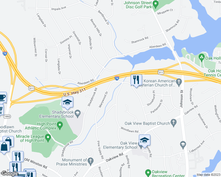 map of restaurants, bars, coffee shops, grocery stores, and more near 124 Marywood Drive in High Point