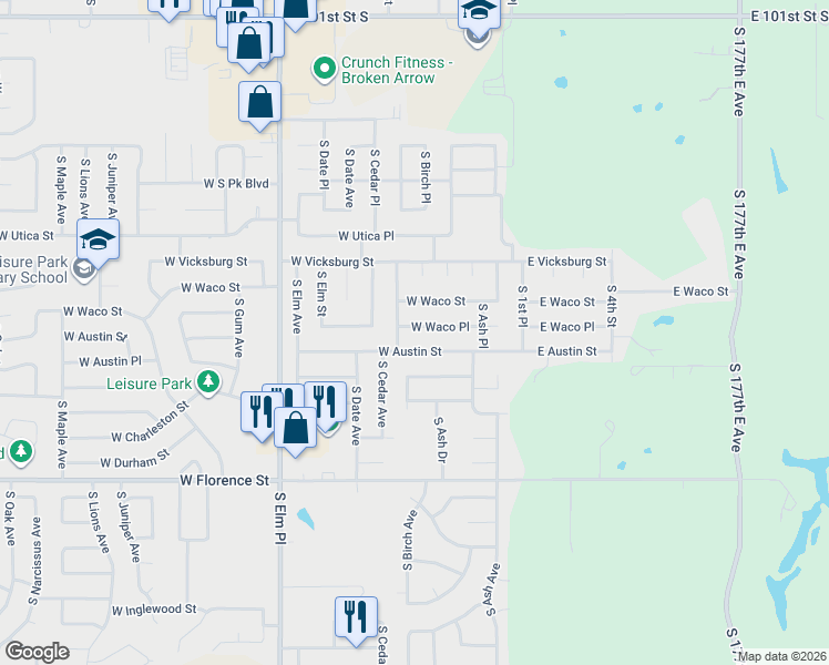 map of restaurants, bars, coffee shops, grocery stores, and more near 225 West Waco Place in Broken Arrow