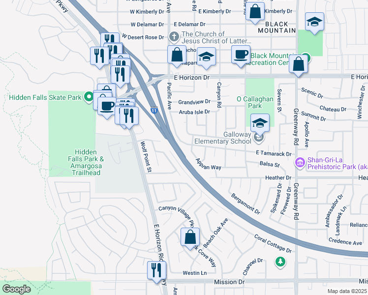 map of restaurants, bars, coffee shops, grocery stores, and more near 114 East Tamarack Drive in Henderson