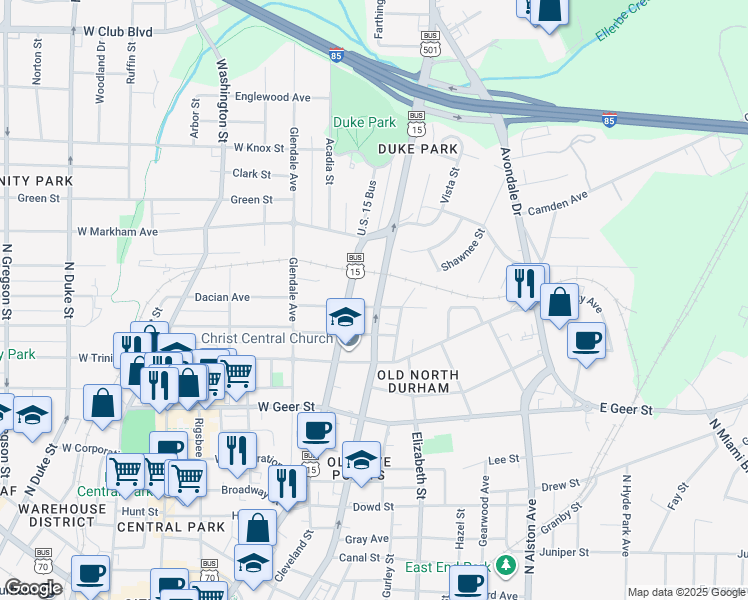 map of restaurants, bars, coffee shops, grocery stores, and more near 113 East Lynch Street in Durham