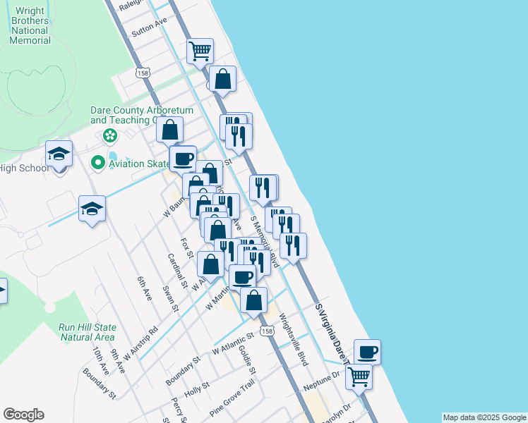 map of restaurants, bars, coffee shops, grocery stores, and more near 1006 South Virginia Dare Trail in Kill Devil Hills