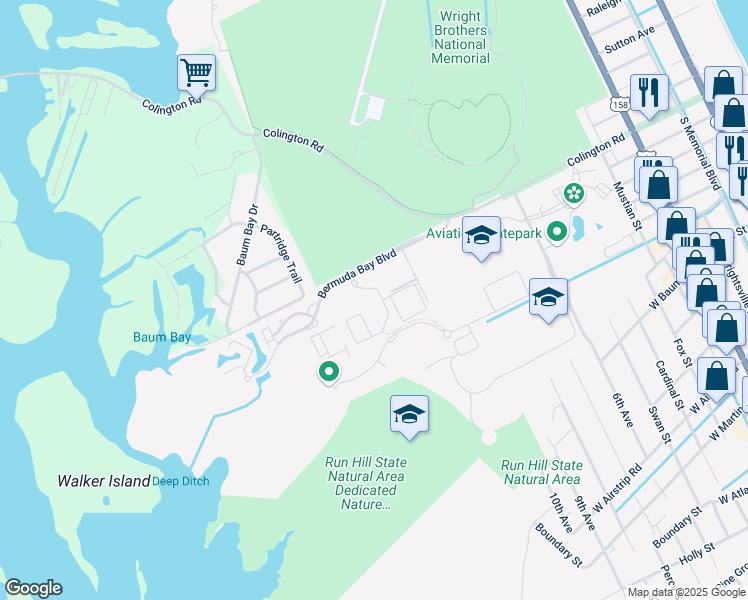 map of restaurants, bars, coffee shops, grocery stores, and more near 1109C Cambridge Road in Kill Devil Hills