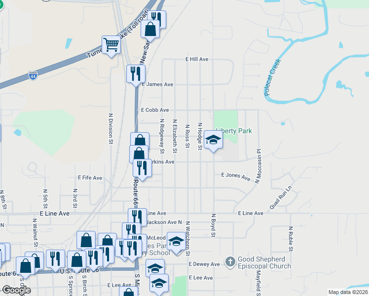 map of restaurants, bars, coffee shops, grocery stores, and more near 610 North Ross Street in Sapulpa
