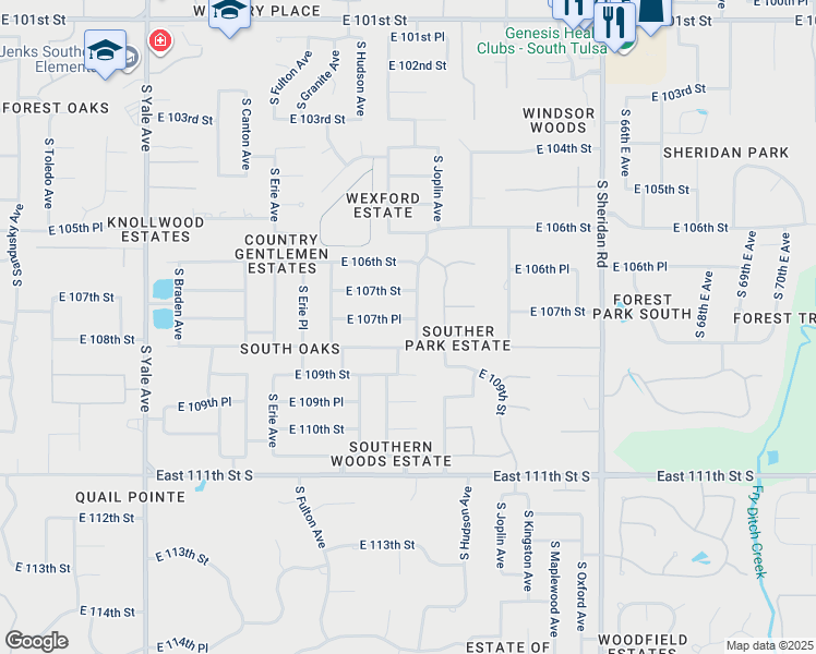 map of restaurants, bars, coffee shops, grocery stores, and more near 5544 East 107th Place in Tulsa