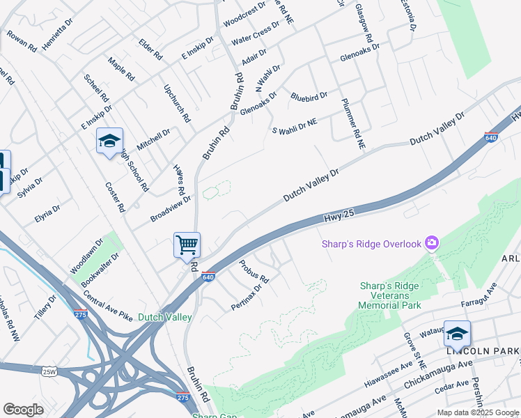 map of restaurants, bars, coffee shops, grocery stores, and more near 707 Dutch Valley Drive Northeast in Knoxville