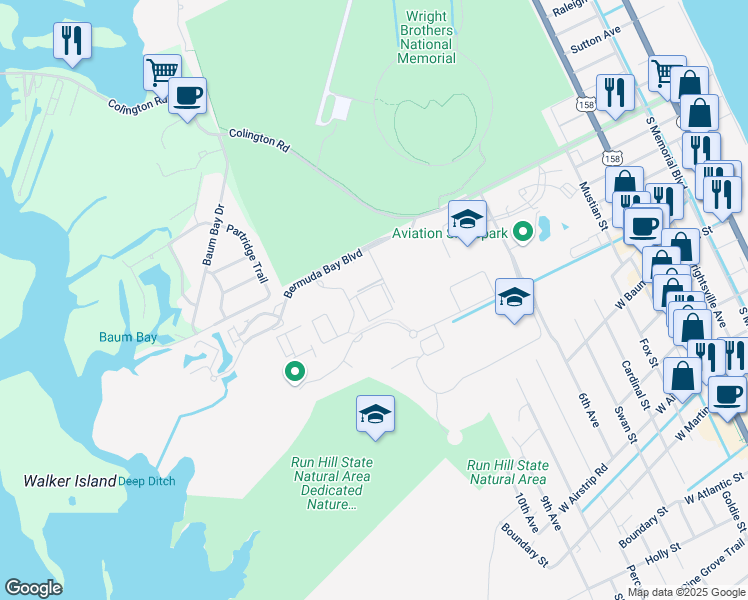 map of restaurants, bars, coffee shops, grocery stores, and more near 1004 Run Hill Court in Kill Devil Hills