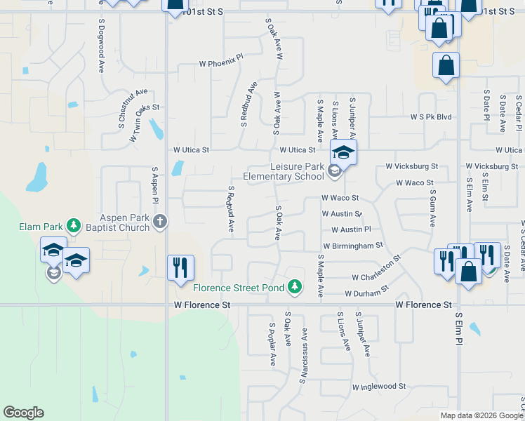 map of restaurants, bars, coffee shops, grocery stores, and more near 1712 W Austin St in Broken Arrow