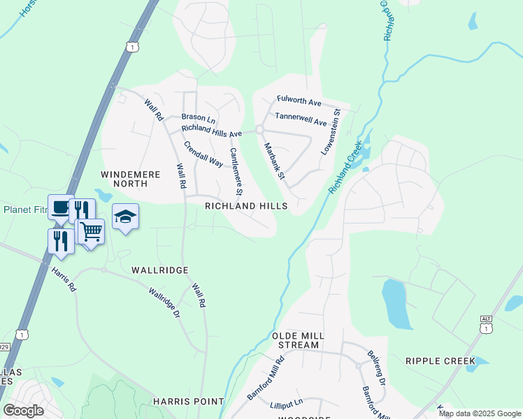 map of restaurants, bars, coffee shops, grocery stores, and more near 1208 Opeushaw Court in Wake Forest