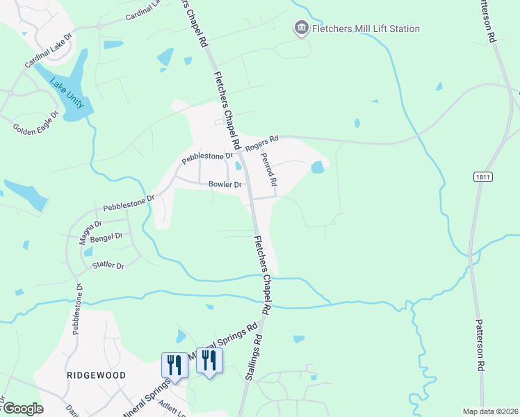 map of restaurants, bars, coffee shops, grocery stores, and more near 1742 Fletchers Chapel Road in Durham