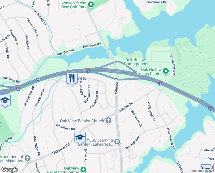 map of restaurants, bars, coffee shops, grocery stores, and more near 3622 Westfield Street in High Point
