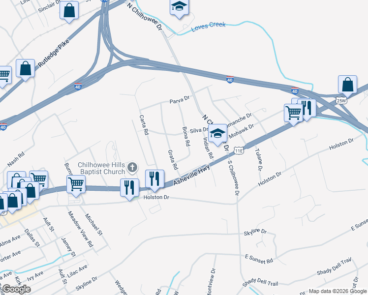 map of restaurants, bars, coffee shops, grocery stores, and more near 205 Bona Road in Knoxville