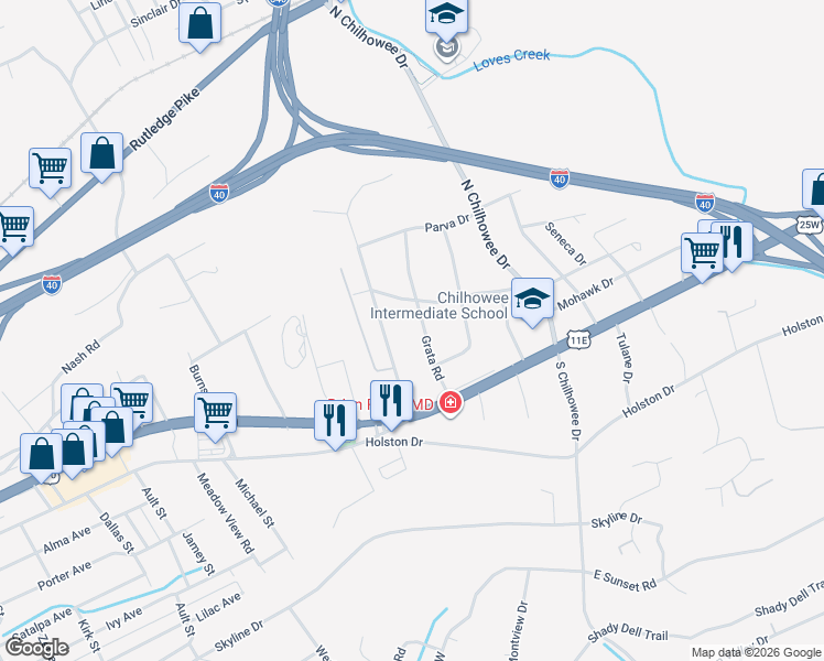 map of restaurants, bars, coffee shops, grocery stores, and more near 217 Grata Road in Knoxville