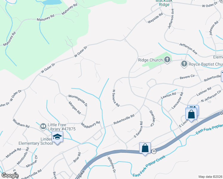map of restaurants, bars, coffee shops, grocery stores, and more near 145 North Seneca Road in Oak Ridge