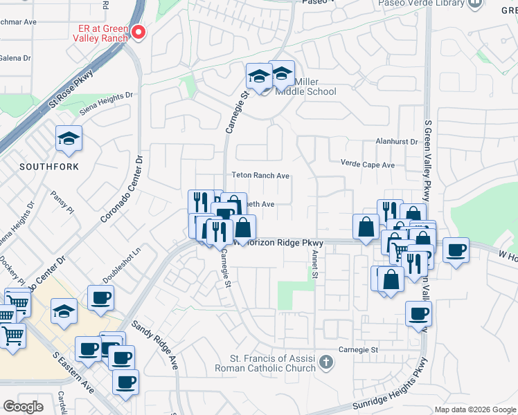 map of restaurants, bars, coffee shops, grocery stores, and more near 521 Kanani Court in Henderson