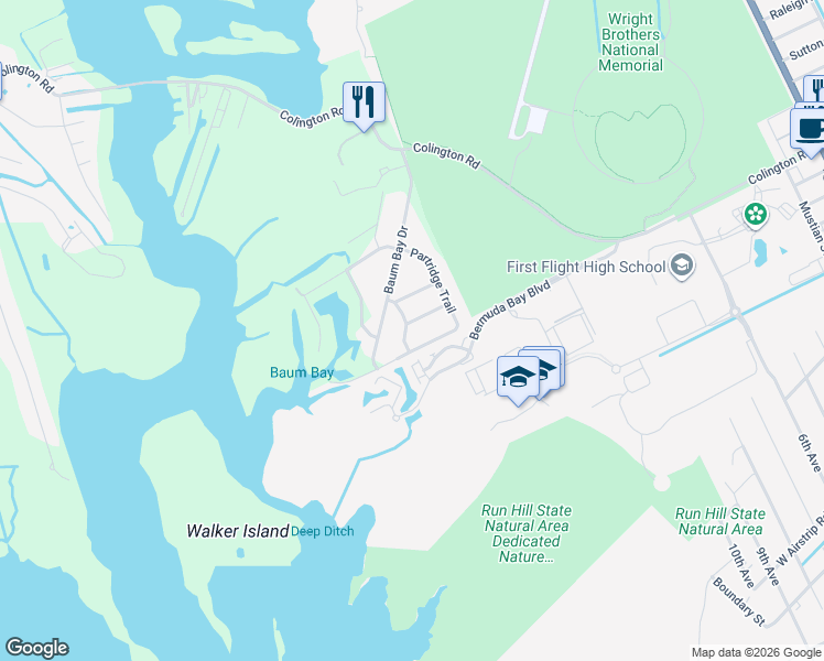map of restaurants, bars, coffee shops, grocery stores, and more near 157 Pine Cone Road in Kill Devil Hills