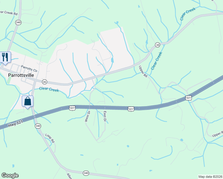 map of restaurants, bars, coffee shops, grocery stores, and more near 116 East Drive in Parrottsville