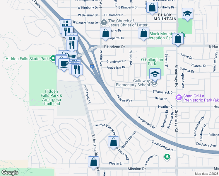 map of restaurants, bars, coffee shops, grocery stores, and more near 114 East Tamarack Drive in Henderson