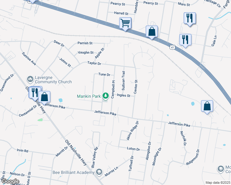 map of restaurants, bars, coffee shops, grocery stores, and more near 134 Campbell Place in La Vergne