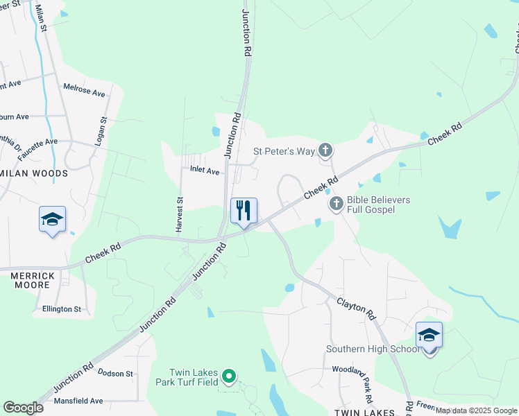 map of restaurants, bars, coffee shops, grocery stores, and more near 2821 Cheek Road in Durham