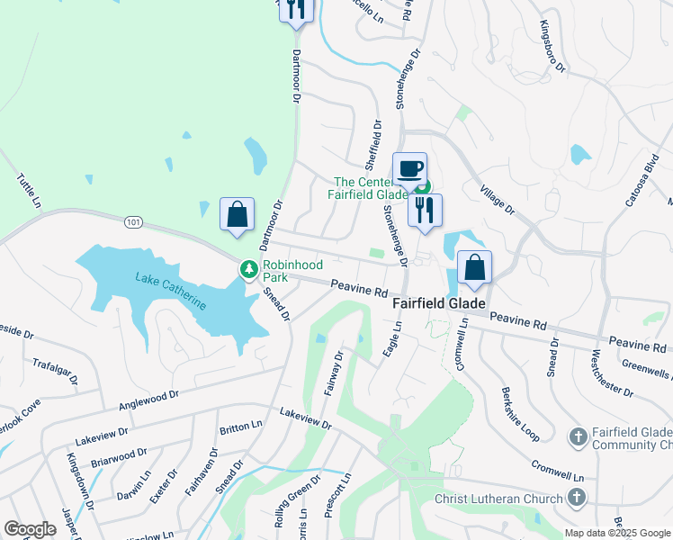 map of restaurants, bars, coffee shops, grocery stores, and more near 19 Wilshire Heights Drive in Crossville