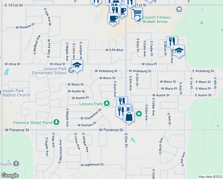 map of restaurants, bars, coffee shops, grocery stores, and more near 4427 West 47th Place in Broken Arrow