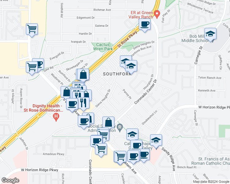 map of restaurants, bars, coffee shops, grocery stores, and more near 2685 Park Creek Lane in Henderson