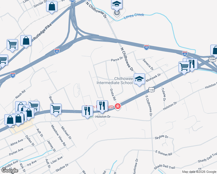 map of restaurants, bars, coffee shops, grocery stores, and more near 217 Grata Road in Knoxville
