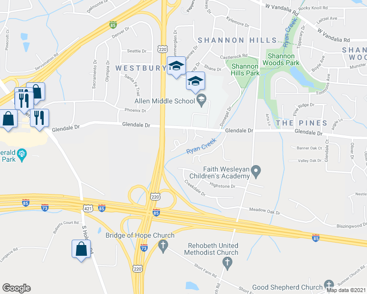 map of restaurants, bars, coffee shops, grocery stores, and more near 1177 Glendale Drive in Greensboro
