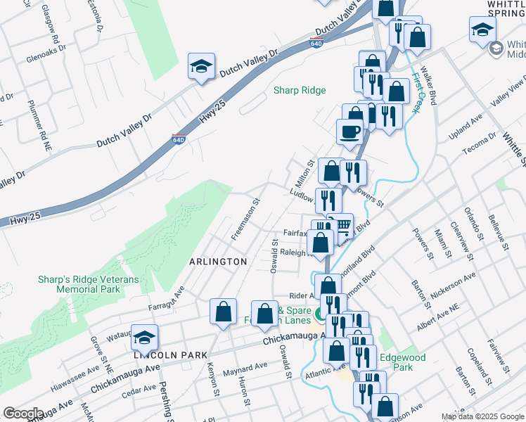 map of restaurants, bars, coffee shops, grocery stores, and more near 1121 Forsythe Street in Knoxville