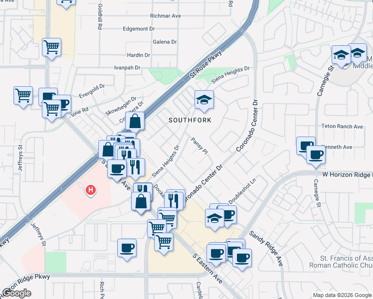 map of restaurants, bars, coffee shops, grocery stores, and more near 2687 Park Creek Lane in Henderson