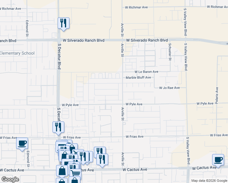 map of restaurants, bars, coffee shops, grocery stores, and more near 4365-4899 West Le Baron Avenue in Enterprise