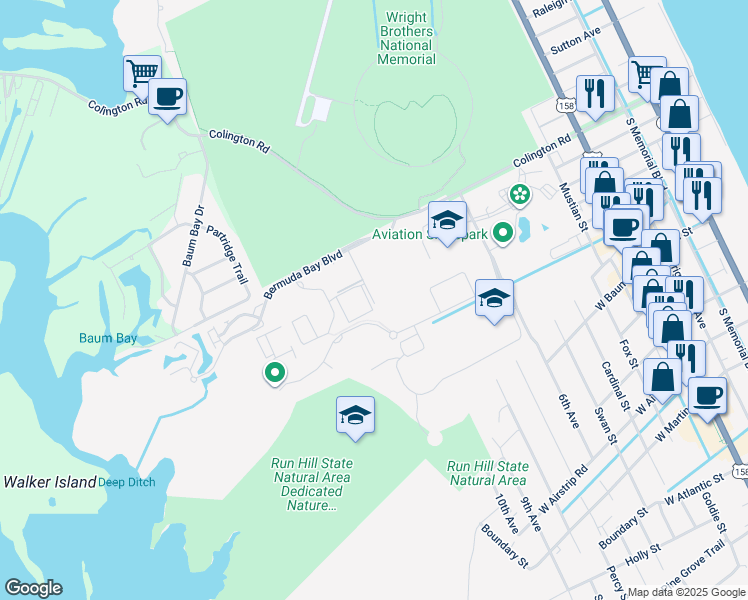map of restaurants, bars, coffee shops, grocery stores, and more near 801 Bermuda Bay Boulevard in Kill Devil Hills