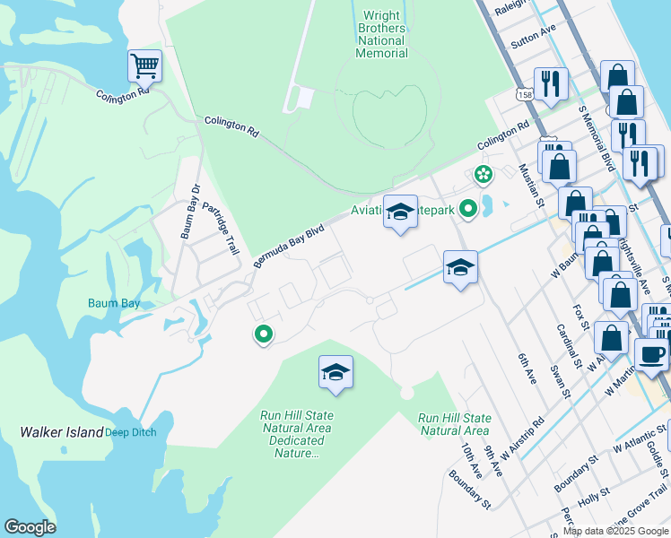 map of restaurants, bars, coffee shops, grocery stores, and more near 1105 Cambridge Road in Kill Devil Hills