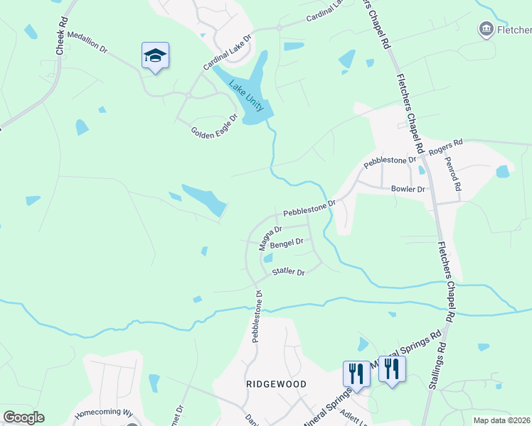 map of restaurants, bars, coffee shops, grocery stores, and more near 521 Pebblestone Drive in Durham