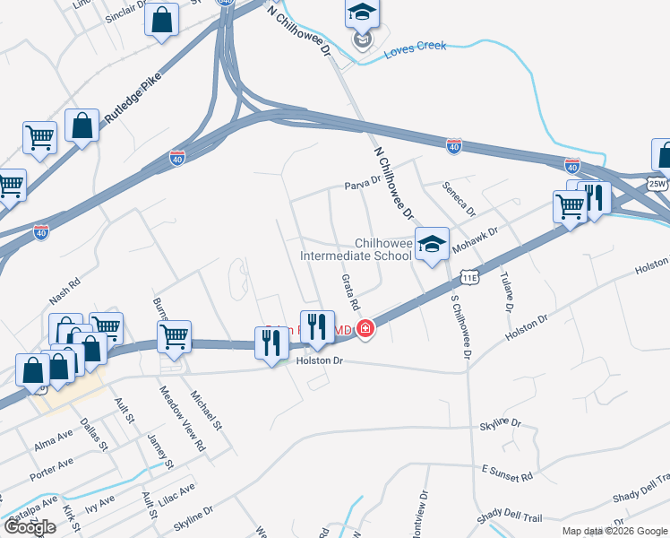 map of restaurants, bars, coffee shops, grocery stores, and more near 217 Grata Road in Knoxville