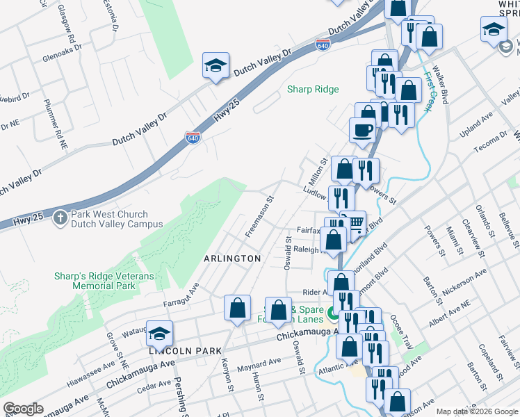 map of restaurants, bars, coffee shops, grocery stores, and more near 1033 Freemason Street in Knoxville