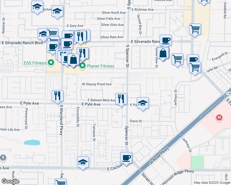 map of restaurants, bars, coffee shops, grocery stores, and more near 1678 Adobe Frost Court in Las Vegas
