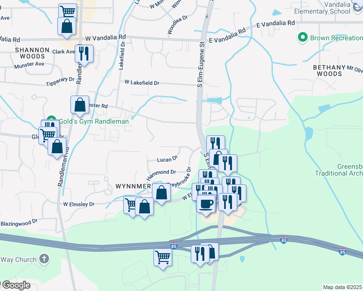 map of restaurants, bars, coffee shops, grocery stores, and more near 107 Lasalle Way in Greensboro