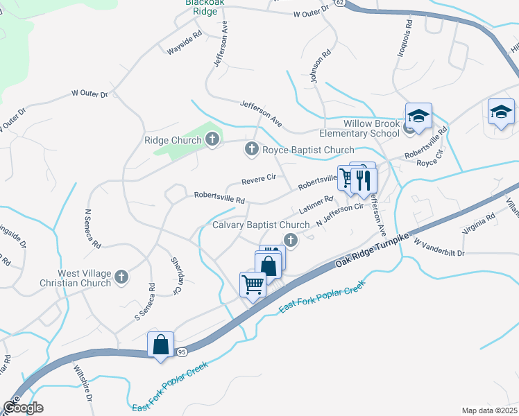 map of restaurants, bars, coffee shops, grocery stores, and more near 431 Robertsville Road in Oak Ridge