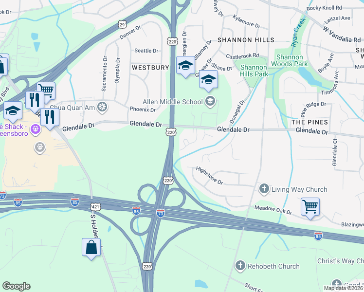 map of restaurants, bars, coffee shops, grocery stores, and more near 1143 Glendale Drive in Greensboro