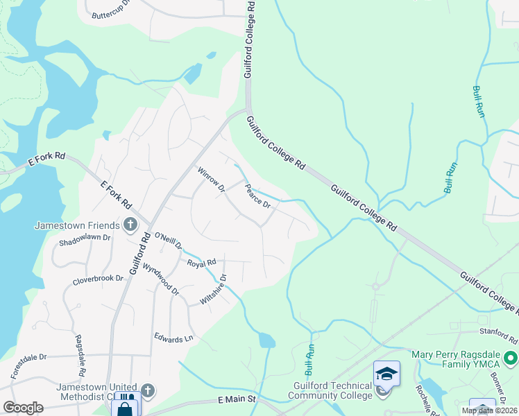 map of restaurants, bars, coffee shops, grocery stores, and more near 209 Winrow Drive in Jamestown