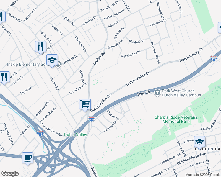 map of restaurants, bars, coffee shops, grocery stores, and more near 707 Dutch Valley Drive Northeast in Knoxville