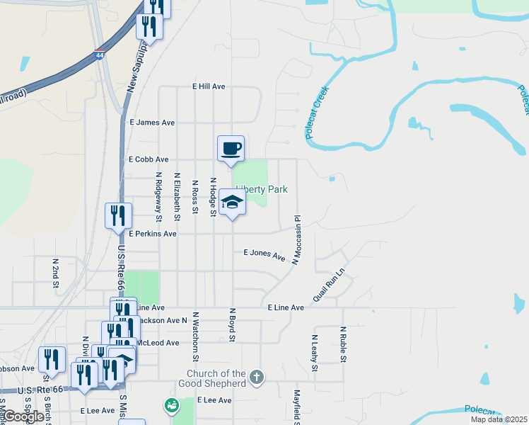 map of restaurants, bars, coffee shops, grocery stores, and more near 631 North Brown Street in Sapulpa