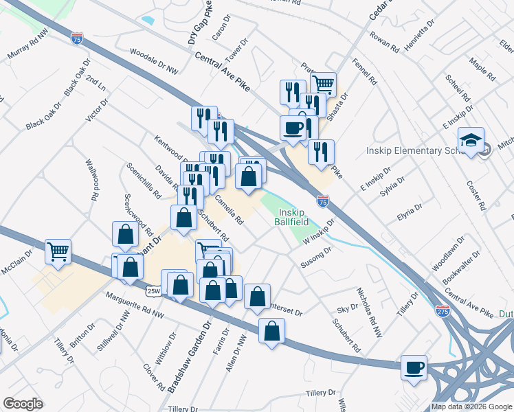 map of restaurants, bars, coffee shops, grocery stores, and more near 5116 Wilford Road in Knoxville
